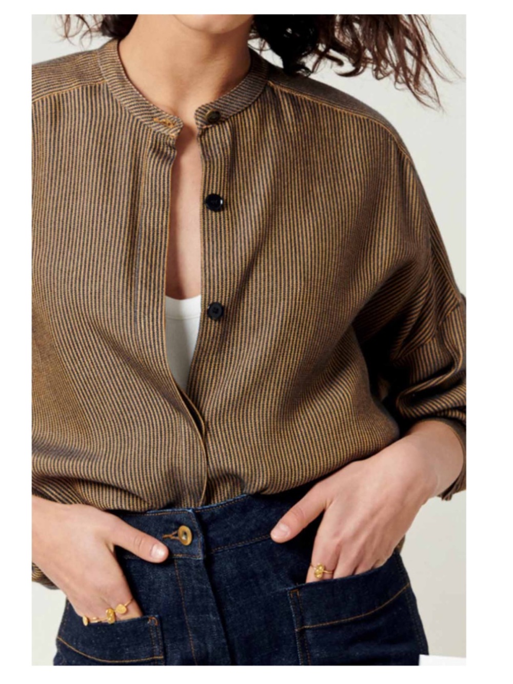 Sessun Colonella Brown Striped 3/4 Sleeve Button Down Organic Cotton Blouse M